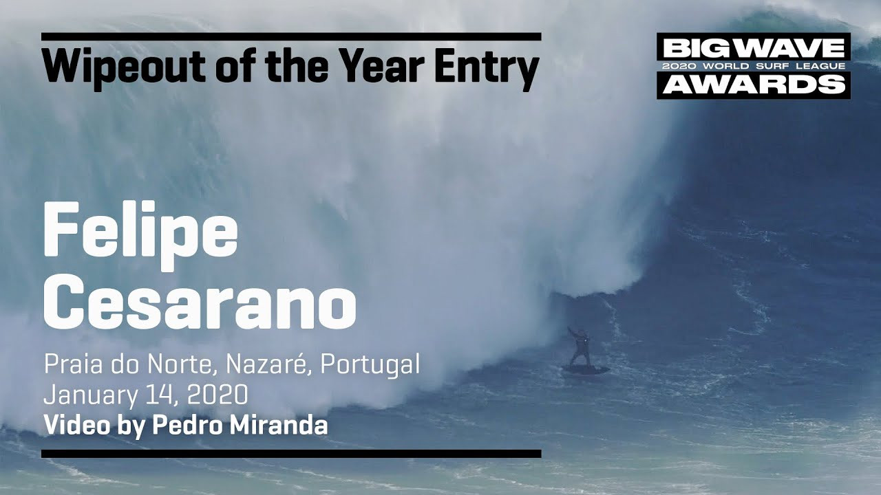 Felipe Cesarano) Rio de Janeiro, Brazil) tries to beat the bump but gets bounced hard at Praia do Norte, Nazaré, Portugal on January 14, 2020. Video by Pedro Miranda. An entry in the Wipeout of the Year Award category of the 2020 WSL Big Wave Awards. For more information see www.WorldSurfLeague.com/bigwaveawards
