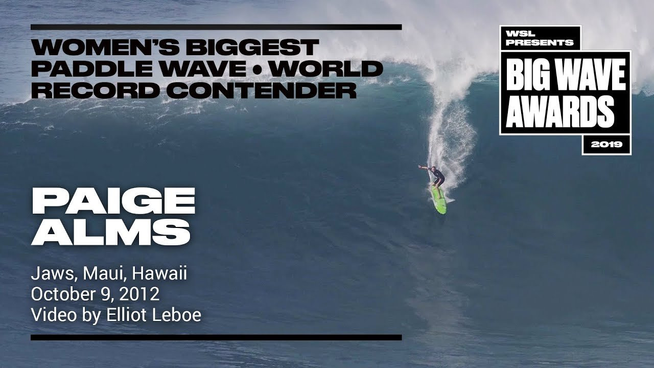 Paige Alms (Haiku, Hawaii, USA) makes an historic drop at Jaws, Maui, Hawaii on October 19, 2012. Video by Elliot Leboe. A contender for the Women's Biggest Paddle World Record to be announced at the 2019 WSL Big Wave Awards. For more information see www.WorldSurfLeague.com/bigwaveawards.