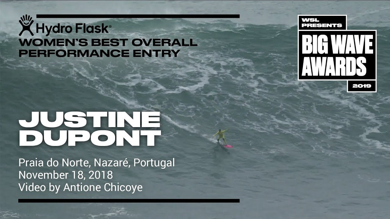 Justine Dupont (Seignosse, France) whips in at top velocity, hops over a wake and pulls it off at Praia do Norte, Nazaré, Portugal on November 18, 2018. Video by Antione Chicoye. An entry in the Women's Biggest Wave Award category of the 2019 WSL Big Wave Awards. For more information see www.WorldSurfLeague.com/bigwaveawards