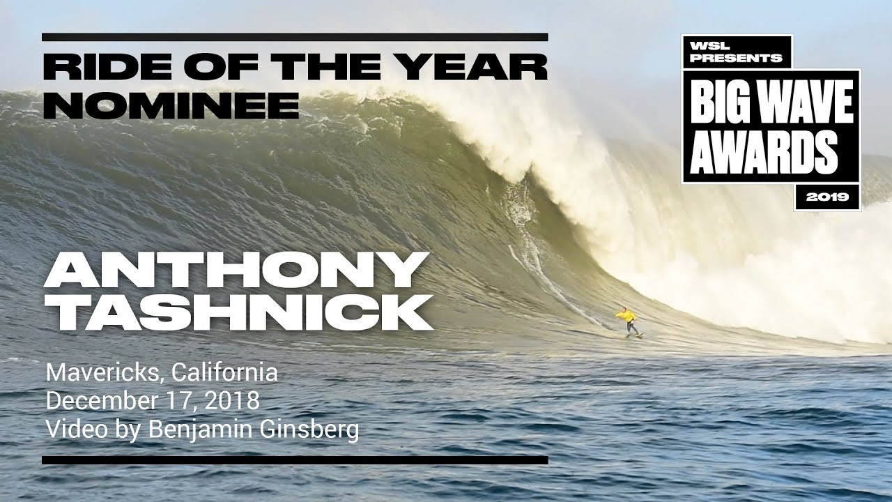 Anthony Tashnick (Santa Cruz, CA, USA) tows into a sunny XXL wall and speeds through the bowl at Mavericks, California on December 17, 2018. Video by Benjamin Ginsberg. A Nominee in the Men's XXL Biggest Wave category of the 2019 WSL Big Wave Awards. For more information see www.WorldSurfLeague.com/bigwaveawards