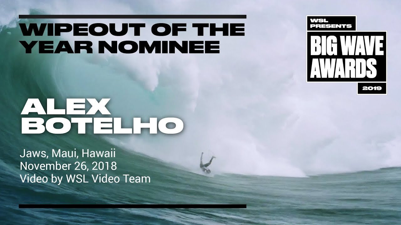 Alex Botelho (Lagos, Portugal) paddles into a huge right but topples off at the bottom and faces the wrath of the Pacific Ocean at the Jaws Challenge at Pe'ahi, Maui, Hawaii on November 26, 2018. Angle 1. Helicopter video by the WSL Video Team. A Nominee in the Wipeout of the Year Award category of the 2019 WSL Big Wave Awards. For more information see www.WorldSurfLeague.com/bigwaveawards