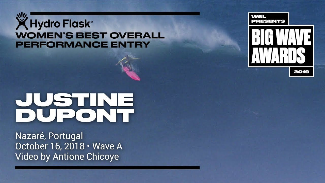 Justine Dupont (Seignosse, France) paddles into a clean offshore peak at Nazaré, Portugal on October 16, 2018. Video by Antione Chicoye. An entry in the Hydro Flask Women's Best Overall Performance category of the 2019 WSL Big Wave Awards. For more information see www.WorldSurfLeague.com/bigwaveawards