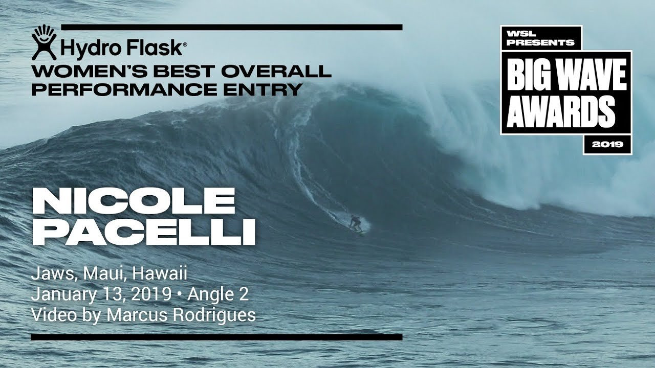 Nicole Pacelli (Sao Paulo, Brazil) tows in and gets to work early on a bumpy morning, speeding through the bowl and off to safety at Jaws, Maui, Hawaii on January 13, 2019. Angle 2. Video by Marcus Rodrigues An entry in the Hydro Flask Women's Performance category of the 2019 WSL Big Wave Awards. For more information see An entry in the Ride of the Year Award category of the 2019 WSL Big Wave Awards. For more information see www.WorldSurfLeague.com/bigwaveawards