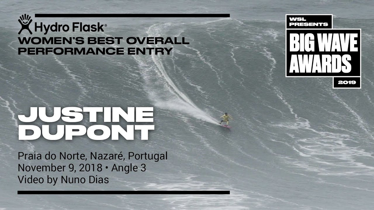Justine Dupont (Seignosse, France) zings in and fades into a snowboard-esque carve across the face of a bulding wall at Praia do Norte, Nazaré, Portugal on November 9, 2019. Angle 3. Video by Nuno Dias. An entry in the Hydro Flask Women's Overall Performance category of the 2019 WSL Big Wave Awards. For more information see www.WorldSurfLeague.com/bigwaveawards