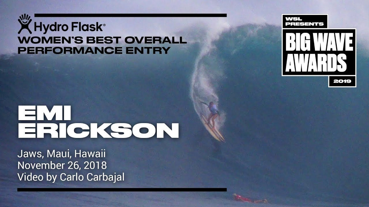 Emily Erickson (Haleiwa, Hawaii, USA) keeps to the fundamentals and drops in and clears it to the shoulder during the Jaws Challenge at Pe'ahi, Maui, Hawaii on November 26. Video by Carlo Carbajal. An entry in the Hydro Flask Women's Overall Performance category of the 2019 WSL Big Wave Awards. For more information see www.WorldSurfLeague.com/bigwaveawards
