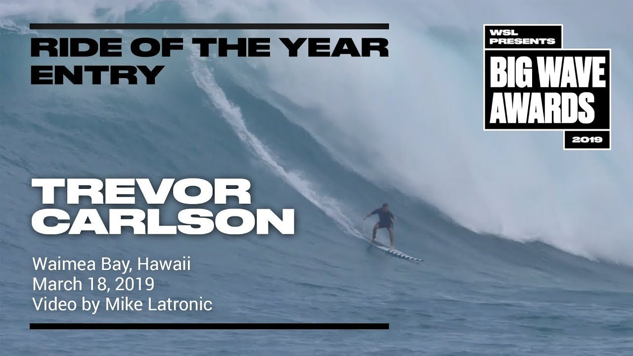 Trevor Carlson (Haleiwa, Hawaii, USA) snags a proper set to close out the season at Waimea Bay, Hawaii on March 19, 2019. Video by Mike Latronic. An entry in the Ride of the Year Award category of the 2019 WSL Big Wave Awards. For more information see An entry in the Ride of the Year Award category of the 2019 WSL Big Wave Awards. For more information see www.WorldSurfLeague.com/bigwaveawards