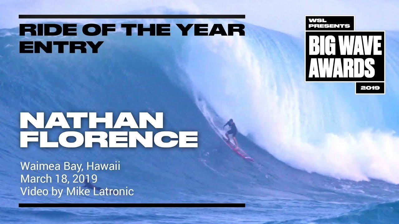 Nathan Florence (Haleiwa, Hawaii, USA) engages in a spirited late-season drop at Waimea Bay, Hawaii on March 19, 2019. Video by Mike Latronic. An entry in the Ride of the Year Award category of the 2019 WSL Big Wave Awards. For more information see An entry in the Ride of the Year Award category of the 2019 WSL Big Wave Awards. For more information see www.WorldSurfLeague.com/bigwaveawards
