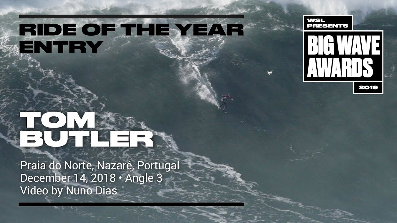 Tom Butler, (Newquay, Cornwall, United Kingdom) is captured in a third angle as he tows into beastly bomb and navigates a successful path to the shoulder at Praia do Norte, Nazaré, Portugal on December 14, 2018. Angle 3. Video by Nuno Dias. An entry in the Ride of the Year Award category of the 2019 WSL Big Wave Awards. For more information see www.WorldSurfLeague.com/bigwaveawards