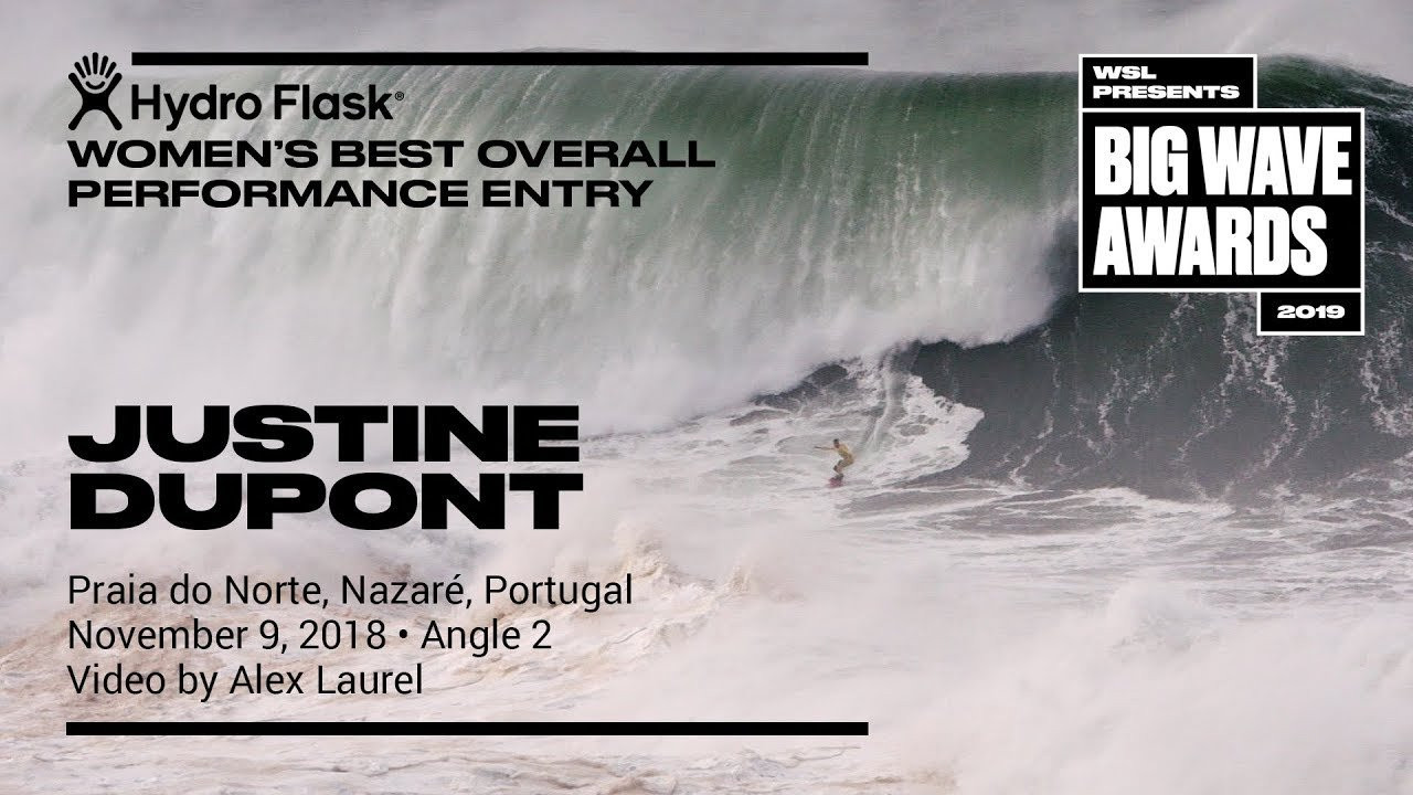 Justine Dupont (Seignosse, France) is depicted in an alternate angle as she casually whips in and executes a precise high-speed carve across the face of a solid wall at Praia do Norte, Nazaré, Portugal on November 9, 2019. Angle 2. Video by Alex Laurel. An entry in the Hydro Flask Women's Overall Performance category of the 2019 WSL Big Wave Awards. For more information see www.WorldSurfLeague.com/bigwaveawards
