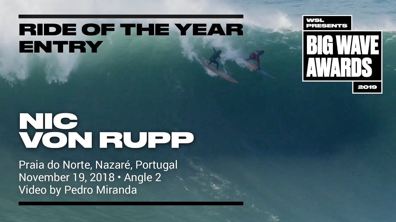 Nic Von Rupp (Sintra, Portugal) paddles into a tall left wall (behind Lucas Chianca) at Praia do Norte Nazaré, Portugal on November 19, 2018. Angle 2. Video by Pedro Miranda. An entry in the Ride of the Year Award category of the 2019 WSL Big Wave Awards. For more information see www.WorldSurfLeague.com/bigwaveawards