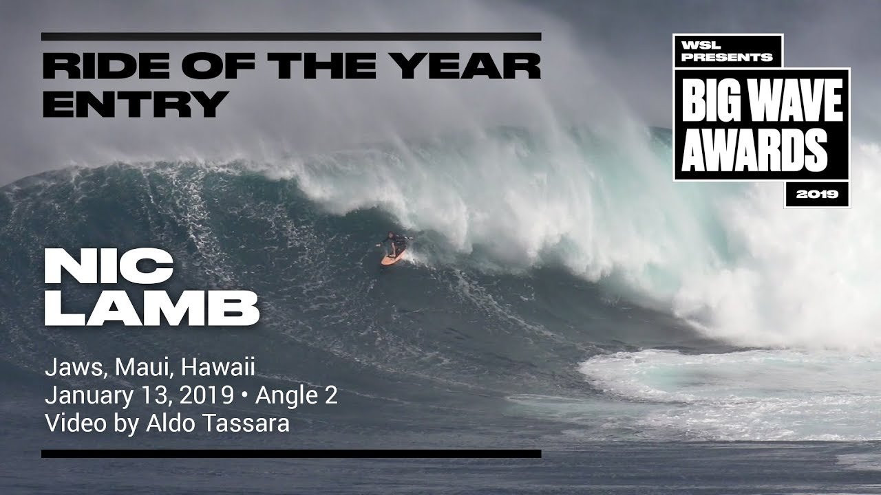 Nic Lamb (Santa Cruz, California, USA) calmly wriggles into a nice righhand wall and backdoors a quaint tube section at Jaws, Maui, Hawaii on January 13, 2019. Angle 2. Video by Aldo Tassara. An entry in the Ride of the Year Award category of the 2019 WSL Big Wave Awards. For more information see An entry in the Ride of the Year Award category of the 2019 WSL Big Wave Awards. For more information see www.WorldSurfLeague.com/bigwaveawards