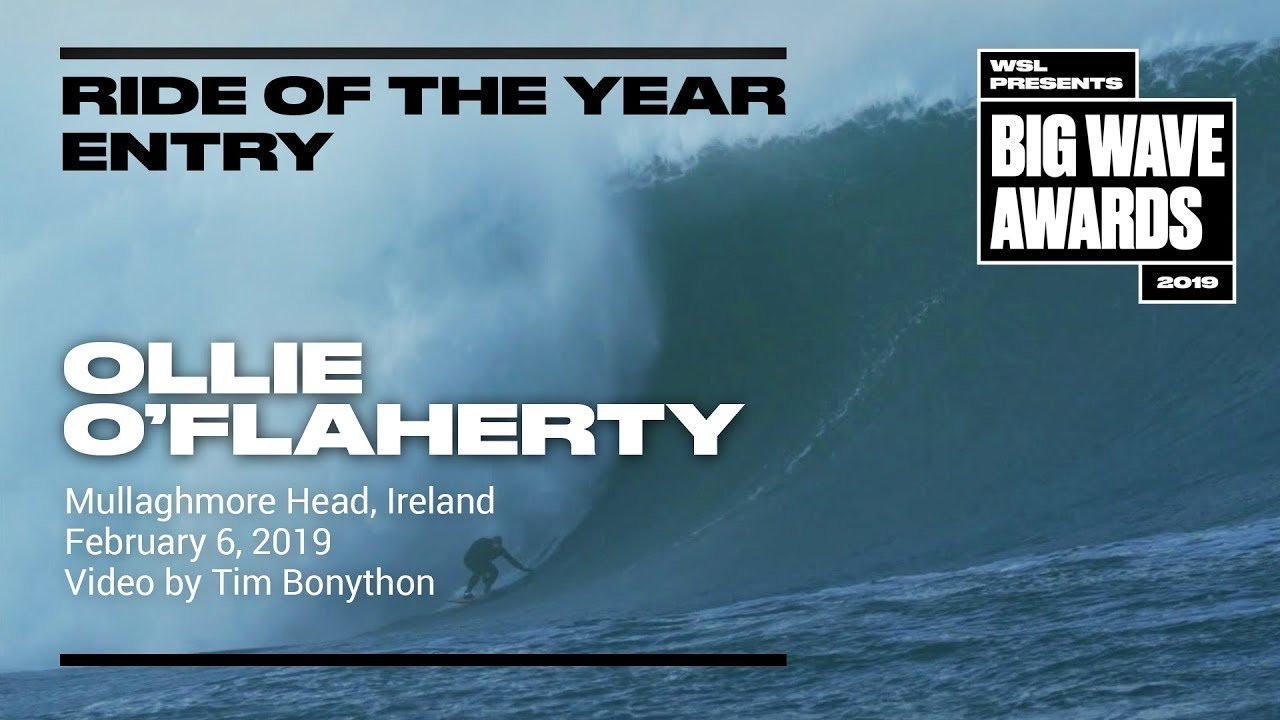 Ollie O'Flaherty (Lahinch, County Clare, Ireland) challenges a chunky slab of emerald green juice and escapes the churning vortex at Mullaghmore Head, Ireland on February 6, 2019. Video by Tim Bonython. An entry in the Ride of the Year Award category of the 2019 WSL Big Wave Awards. For more information see An entry in the Ride of the Year Award category of the 2019 WSL Big Wave Awards. For more information see www.WorldSurfLeague.com/bigwaveawards