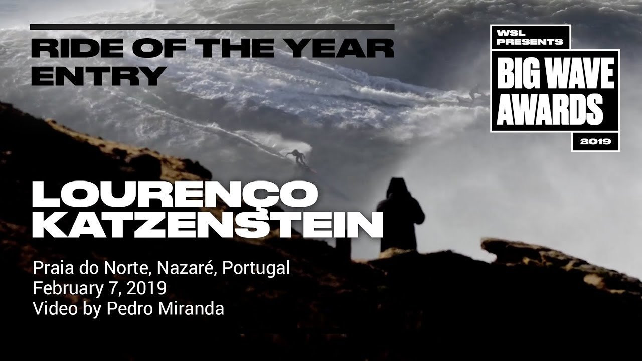 Lourenço Katzenstein (Ericeira, Portugal) tows in very close to the many perils of the looming rocky promontory, negotiates a windy section and skims safely to the shoulder at Praia do Norte, Nazaré, Portugal on February 7, 2019. Video by Pedro Miranda. An entry in the Ride of the Year Award category of the 2019 WSL Big Wave Awards. For more information see An entry in the Ride of the Year Award category of the 2019 WSL Big Wave Awards. For more information see www.WorldSurfLeague.com/bigwaveawards