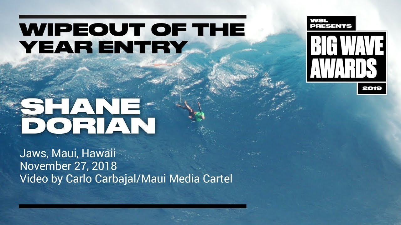 Shane Dorian (Kona, Hawaii, USA) commits an extremely rare error and goes head over heels on a missed drop at Jaws, Maui, Hawaii on November 26, 2018. Video by Carlo Carbajal. An entry in the Wipeout of the Year Award category of the 2019 WSL Big Wave Awards. For more information see An entry in the Ride of the Year Award category of the 2019 WSL Big Wave Awards. For more information see www.WorldSurfLeague.com/bigwaveawards