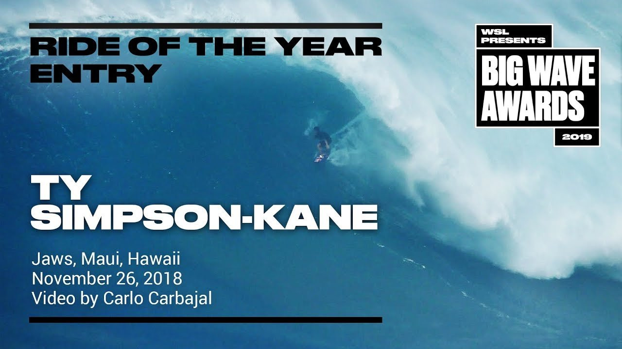 Ty Simpson-Kane (Kuau, Hawaii, USA) tows into a shockingly tall wall and calmly keeps it all together through a lengthy voyage of discovery at Jaws, Maui, Hawaii on November 28, 2018.. Video by Carlo Carbajal. An entry in the Ride of the Year Award category of the 2019 WSL Big Wave Awards. For more information see An entry in the Ride of the Year Award category of the 2019 WSL Big Wave Awards. For more information see www.WorldSurfLeague.com/bigwaveawards