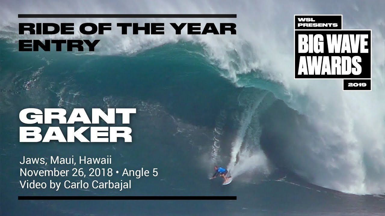 Grant Baker (Durban, South Africa) paddles into an unprecedentedly tall and thick bowl, veers through a stunning drop and and pulls into a turbulent cavern with board and body exiting in different phases at the Jaws Challenge at Pe'ahi, Maui, Hawaii on November 27, 2018. Angle 5. Video by Carlo Carbajal. An entry in the Ride of the Year Award category of the 2019 WSL Big Wave Awards. For more information see www.WorldSurfLeague.com/bigwaveawards