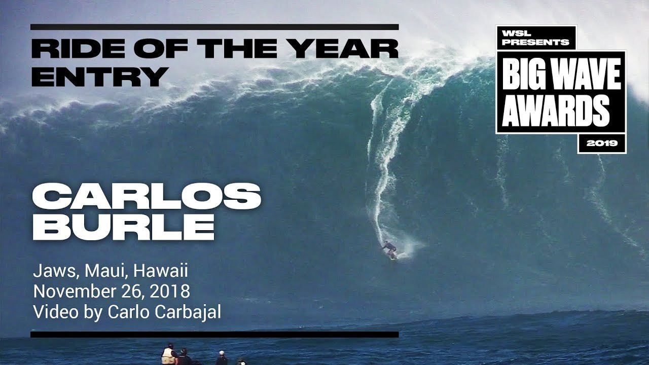 Carlos Burle (Rio de Janeiro) is seen in a second angle as he clears the distant mist and tows into an open ocean speed run at Jaws, Maui, Hawaii on November 26, 2018. Angle 2. Video by Carlo Carbajal. An entry in the Ride of the Year Award category of the 2019 WSL Big Wave Awards. For more information see www.WorldSurfLeague.com/bigwaveawards