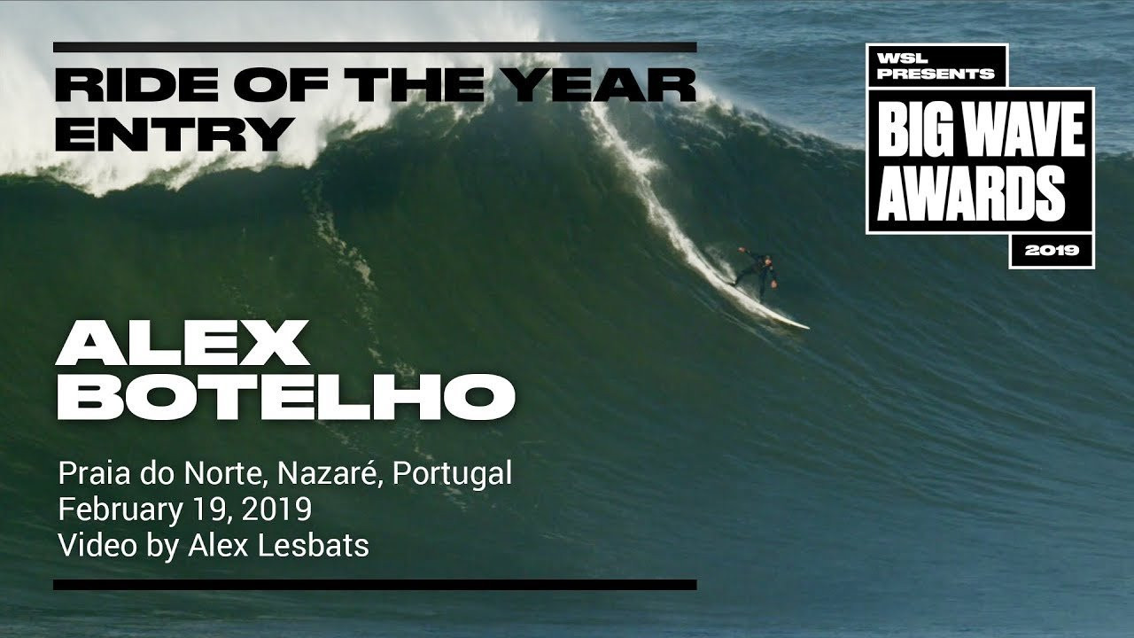 Alex Botelho (Lagos, Portugal) paddles into a cold, crisp peak and precisely spears the drop and grabs rail to success at Praia do Norte, Nazaré, Portugal on February 19, 2019. Video by Alex Lesbats. An entry in the Ride of the Year Award category of the 2019 WSL Big Wave Awards. For more information see An entry in the Ride of the Year Award category of the 2019 WSL Big Wave Awards. For more information see www.WorldSurfLeague.com/bigwaveawards