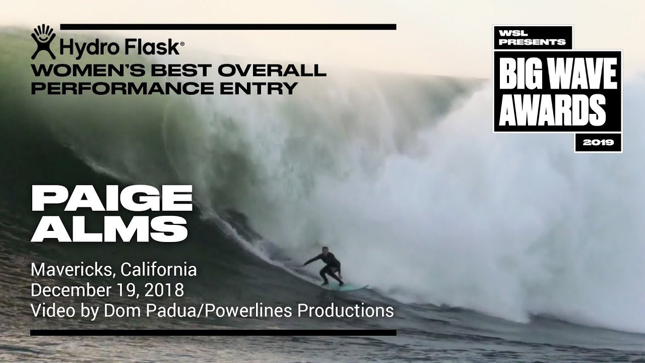 Paige Alms (Haiku, Hawaii, USA) finds an afternoon wave and drives to the shoulder at Mavericks, California on December 19, 2018. Video by Dom Padua. An entry in the Women's Best Overall Performance category of the 2019 WSL Big Wave Awards. For more information see www.WorldSurfLeague.com/bigwaveawards