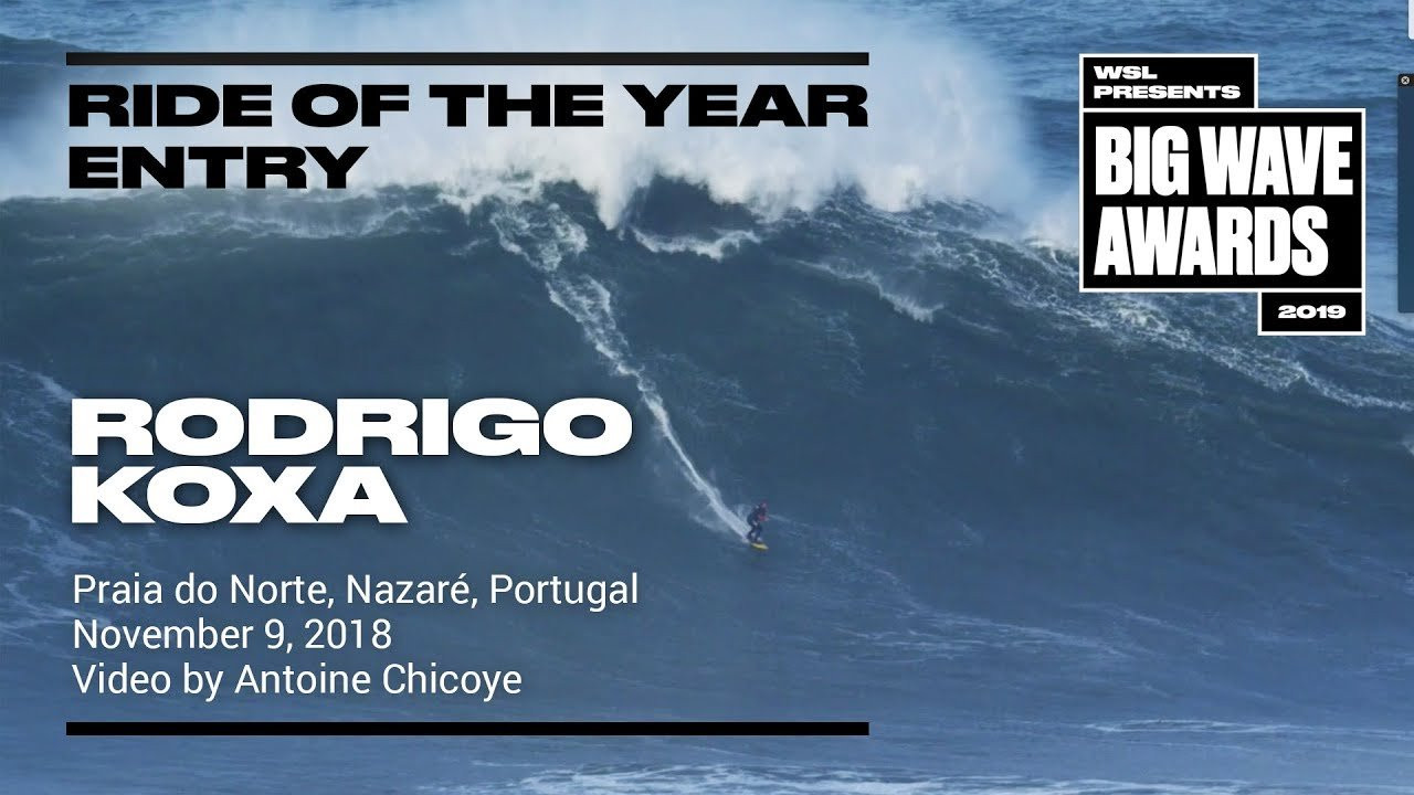 Rodrigo Koxa (Rio de Janeiro, Brazil) whips into a growing peak and toys with it on the way to the shoulder at Praia do Norte, Nazaré, Portugal on November 9, 2018. Video by Antione Chicoye/Palm Production. An entry in the Ride of the Year Award category of the 2019 WSL Big Wave Awards. For more information see An entry in the Ride of the Year Award category of the 2019 WSL Big Wave Awards. For more information see www.WorldSurfLeague.com/bigwaveawards
