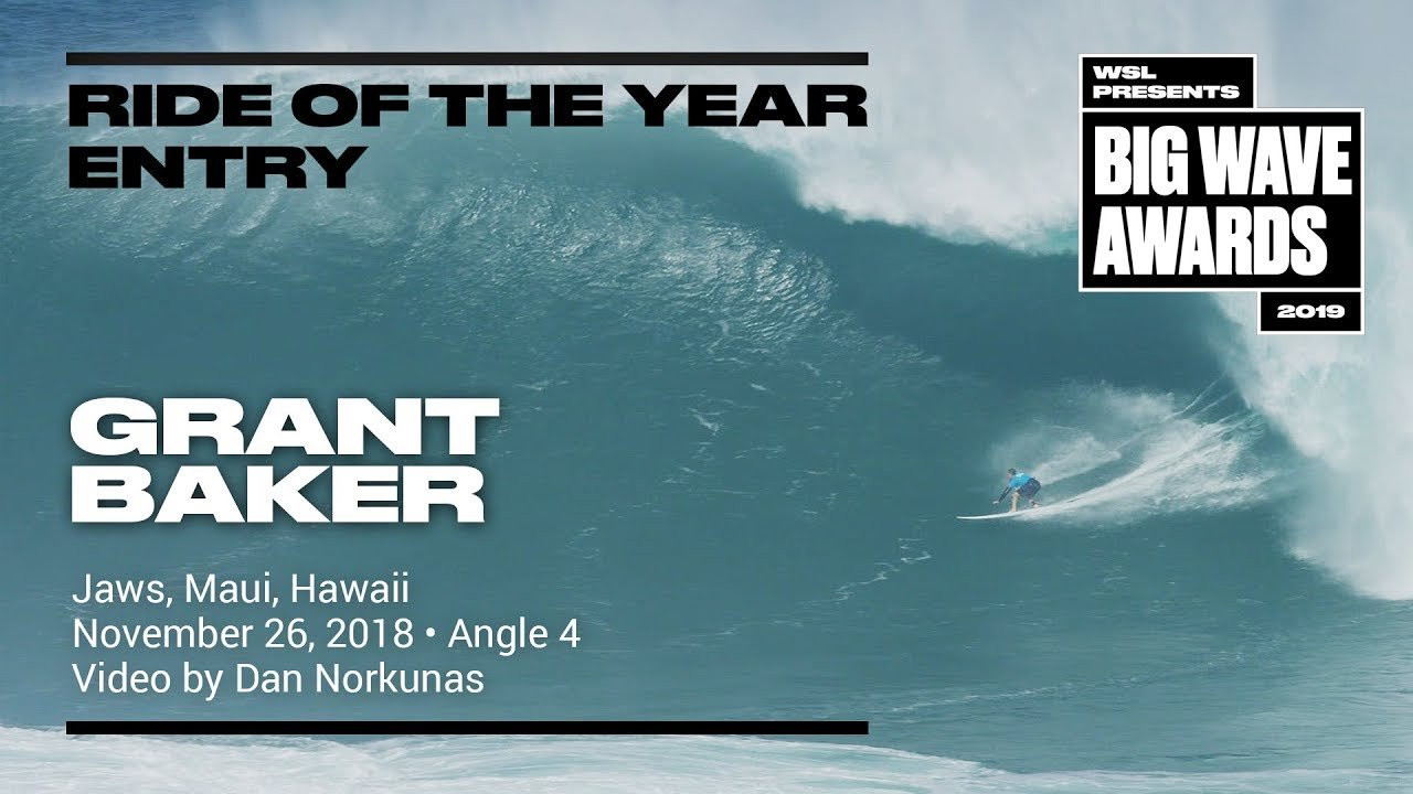 Grant Baker (Durban, South Africa) paddles into a beastly right, pulls off an astonishing drop and and pulls into an historic cavern at the Jaws Challenge at Pe'ahi, Maui, Hawaii on November 27, 2018. Angle 4. Video by Dan Norkunas. An entry in the Ride of the Year Award category of the 2019 WSL Big Wave Awards. For more information see www.WorldSurfLeague.com/bigwaveawards