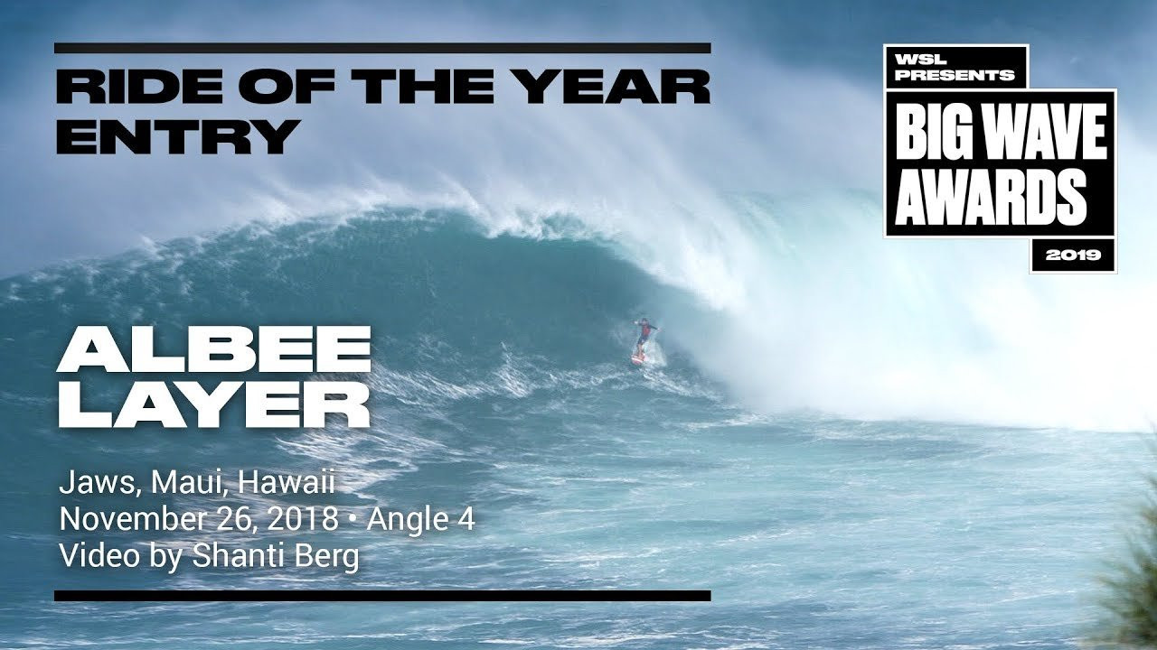 Albee Layer (Haiku, Hawaii, Hawaii, USA) paddles into a misty peak and precisely backdoors and escapes a heaving barrel. Angle 4. Video by Shanti Berg. An entry in the Ride of the Year Award category of the 2019 WSL Big Wave Awards. For more information see www.WorldSurfLeague.com/bigwaveawards
