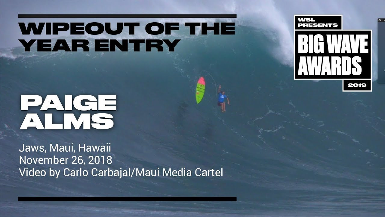Paige Alms (Haiku, Hawaii, USA) paddles for a clean peak but soon needs to leap to safety during the Jaws Challenge at P'eahi, Maui, Hawaii on November 26, 2018. Video by Carlos Carbajal. An entry in the Wipeout of the Year Award category of the 2019 WSL Big Wave Awards. For more information see An entry in the Ride of the Year Award category of the 2019 WSL Big Wave Awards. For more information see www.WorldSurfLeague.com/bigwaveawards