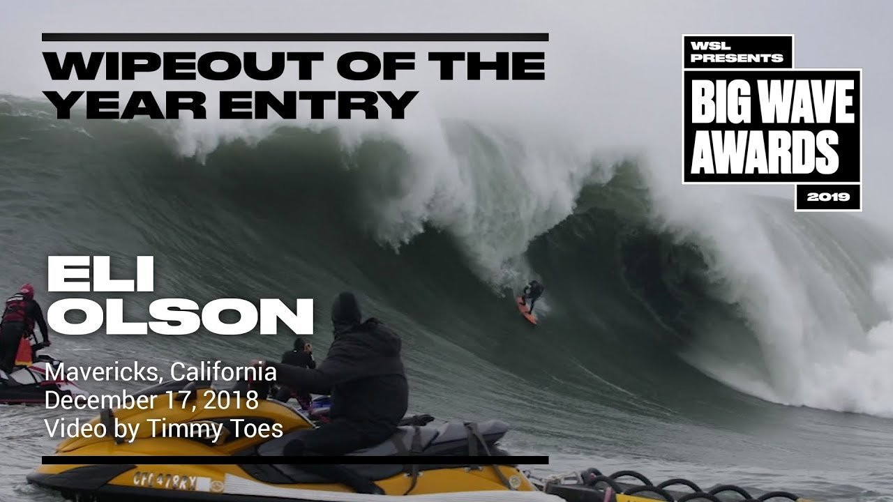 Eli Olson (Haleiwa, Hawaii, USA) paddles and makes the drop but is greeted by tons of lip on his head at the bottom at Mavericks, California on December 17, 2018. Video by Timmy Toes. An entry in the Wipeout of the Year Award category of the 2019 WSL Big Wave Awards. For more information see www.WorldSurfLeague.com/bigwaveawards