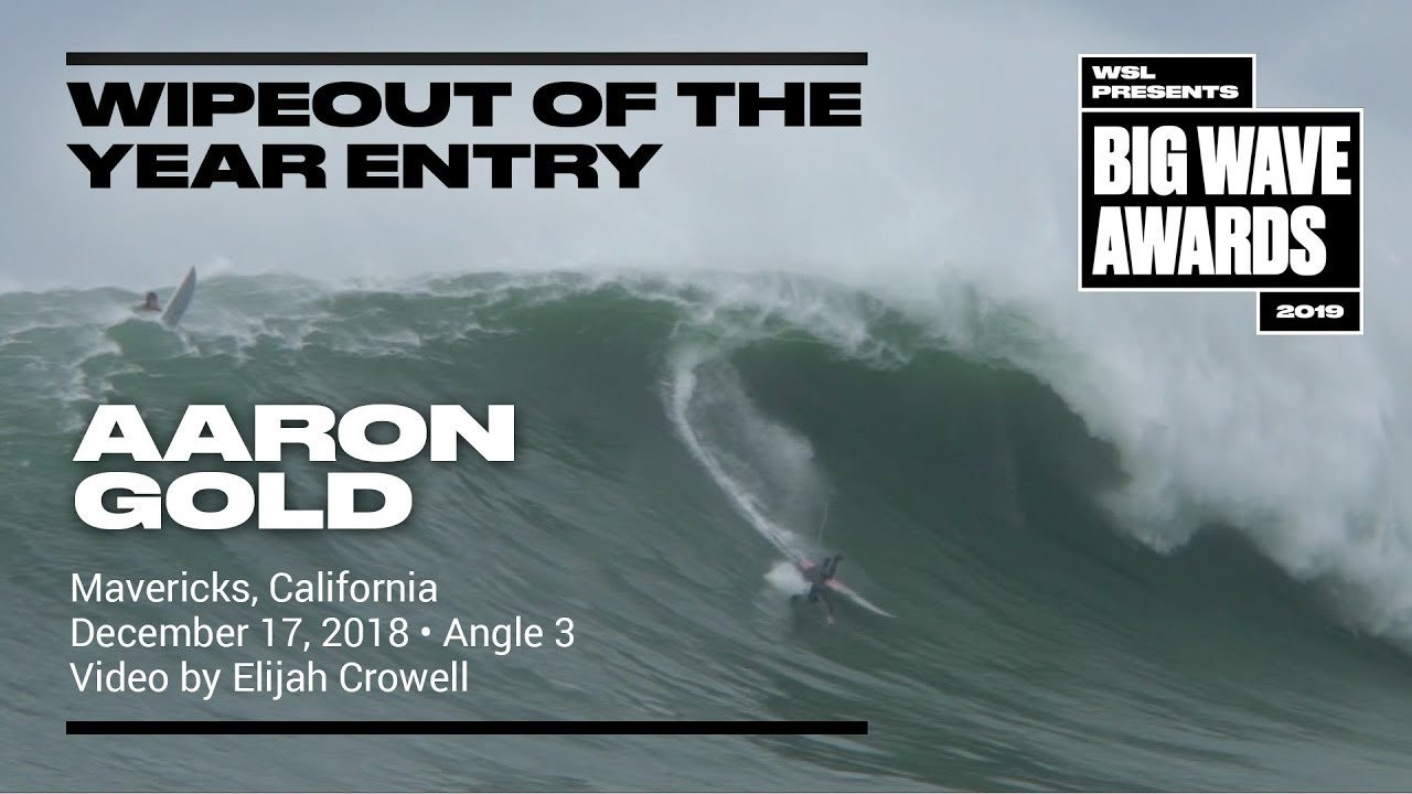 Aaron Gold (Haleiwa, Hawaii, USA) paddles into a burly late drop but separates from his board on the way down at Mavericks, California on December 17, 2018. Angle 3. Video by Elijah Crowell. An entry in the Wipeout of the Year Award category of the 2019 WSL Big Wave Awards. For more information see www.WorldSurfLeague.com/bigwaveawards