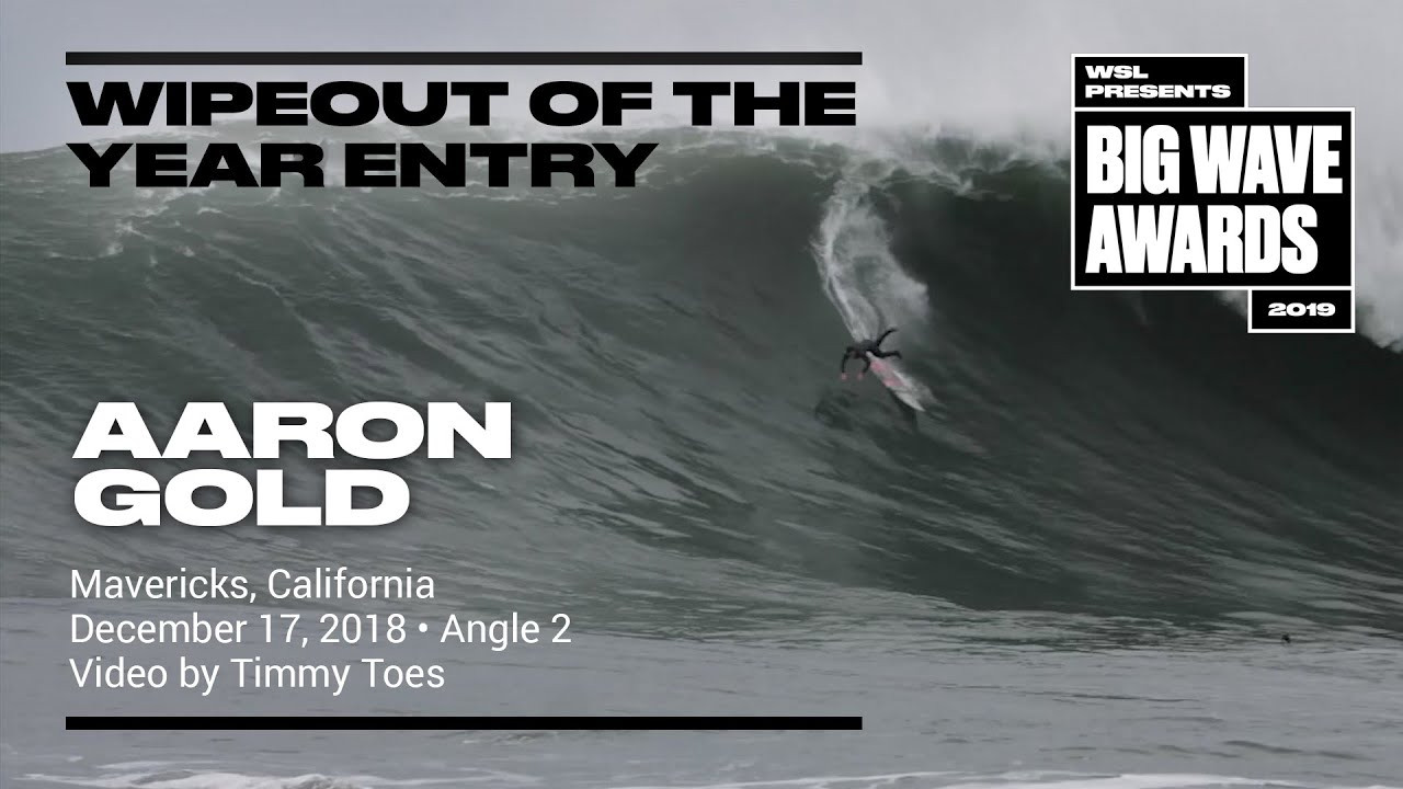 Aaron Gold (Haleiwa, Hawaii, USA) paddles into a burly late drop but separates from his board on the way down at Mavericks, California on December 17, 2018. Angle 2. Video by Timmy Toes. An entry in the Wipeout of the Year Award category of the 2019 WSL Big Wave Awards. For more information see www.WorldSurfLeague.com/bigwaveawards