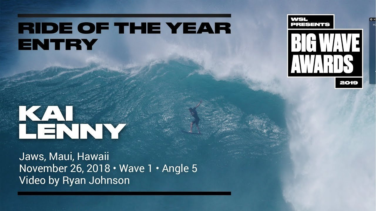 Kai Lenny (Paia, Hawaii, USA) is seen in a well-documented fifth angle as he tows into a windy bomb, heads up high and vaults deep into the flats to escape the lip at Jaws, Maui, Hawaii on November 26, 2018. Angle 5. Video by Ryan Johnson. An entry in the Ride of the Year Award category of the 2019 WSL Big Wave Awards. For more information see www.WorldSurfLeague.com/bigwaveawards