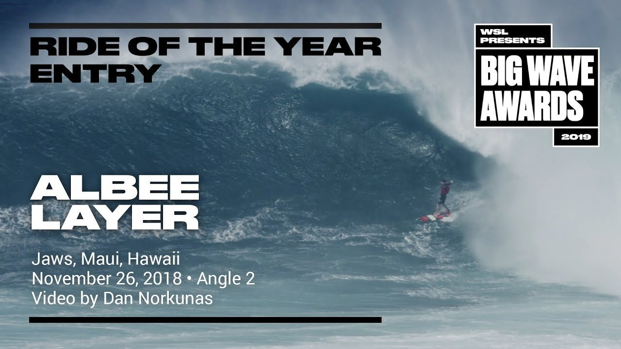 Albee Layer (Haiku, Hawaii, USA) is seen as he paddles over the ledge into a windy opportunity which he measures with welcoming hand gestures and ultimately escapes in a burst of spit at Jaws, Maui, Hawaii on November 26, 2018. Video by Dan Norkunas. A self-proclaimed contending entry in the Ride of the Year Award category of the 2019 WSL Big Wave Awards. For more information see An entry in the Ride of the Year Award category of the 2019 WSL Big Wave Awards. For more information see www.WorldSurfLeague.com/bigwaveawards