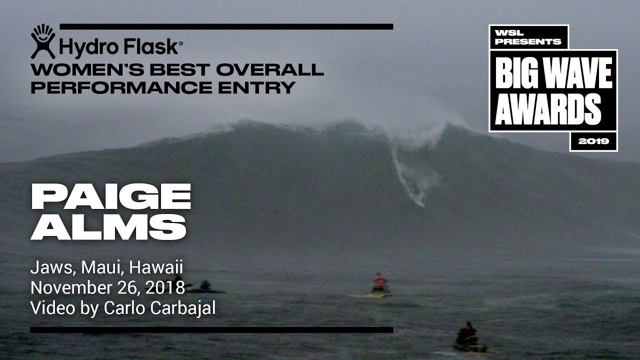 Paige Alms (Haiku, Hawaii, USA) fights the elements and paddles into a drizzly peak and makes it to the bottom during the Jaws Challenge at Pe'ahi, Maui, Hawaii on November 26. Video by Carlo Carbajal. An entry in the Women's Best Overall Performance category of the 2019 WSL Big Wave Awards. For more information see www.WorldSurfLeague.com/bigwaveawards