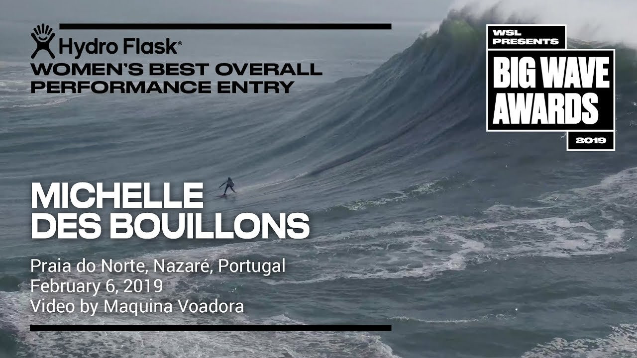 Michelle des Bouillons (Rio de Janeiro, Brazil) appears in a second drone video angle as she tows in on the main peak, sliding to safety on the shoulder at Praia do Norte, Nazaré, Portugal on February 6, 2018. Video by Maquina Voadora. An entry in the Hydro Flask Women's Overall Performance category of the 2019 WSL Big Wave Awards. For more information see www.WorldSurfLeague.com/bigwaveawards
