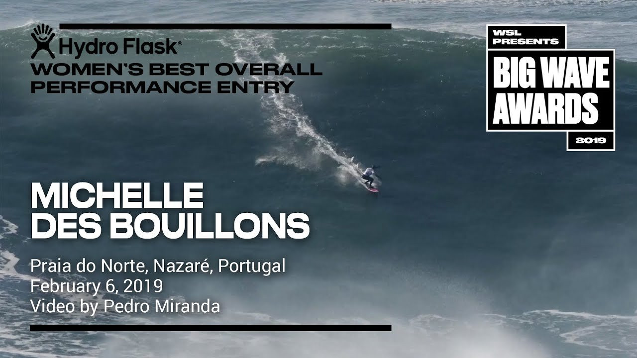 Michelle des Bouillons (Rio de Janeiro, Brazil) tows in a takes on the main peak, sliding to safety on the shoulder at Praia do Norte, Nazaré, Portugal on February 6, 2018. Angle 1. Video by Pedro Miranda. An entry in the Hydro Flask Women's Overall Performance category of the 2019 WSL Big Wave Awards. For more information see www.WorldSurfLeague.com/bigwaveawards