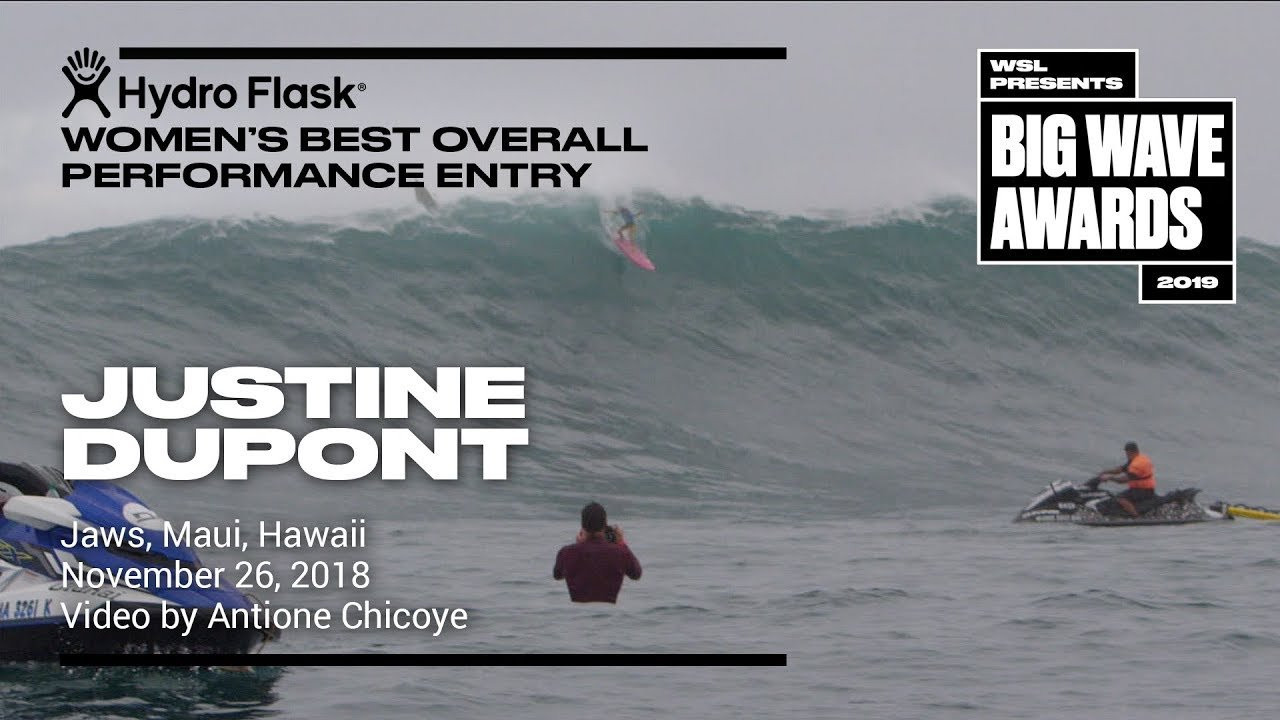 Justine Dupont (Seignosse, France) paddles into a rainy right and makes it safely to the bottom during the Jaws Challenge at Pe'ahi, Maui, Hawaii on November 26, 2018. Video by Antione Chicoye. An entry in the Hydro Flask Women's Overall Performance category of the 2019 WSL Big Wave Awards. For more information see www.WorldSurfLeague.com/bigwaveawards
