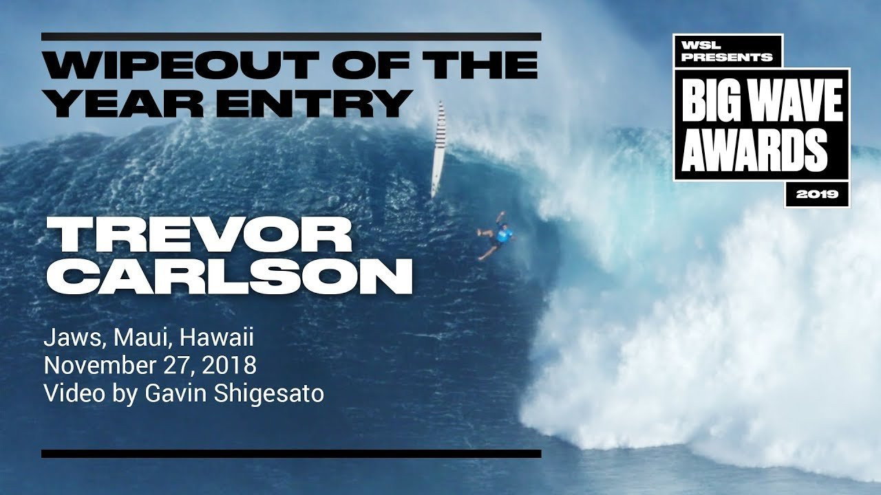 Trevor Carlson (Haleiwa, Hawaii, USA) is seen in a second angle as he goes all in but gets launched into space at the Jaws Challenge at Pe'ahi, Maui, Hawaii on November 27, 2018. Video by Gavin Shigesato An entry in the Wipeout of the Year Award category of the 2019 WSL Big Wave Awards. For more information see www.WorldSurfLeague.com/bigwaveawards