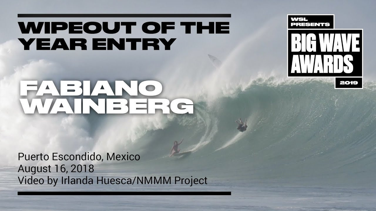 Fabiano Wainberg (Porto Alegre, RS, Brazil) is seen in a fourth angle as he unexpectedly falls from the sky (to the surprise of innocent surfer Maxmiliano Dias) at Zicatela Beach, Puerto Escondido, Mexico on August 6, 2018. Video angle 4 by Irlanda Huesca/NNNM Project. An entry in the Wipeout of the Year Award category of the 2019 WSL Big Wave Awards. For more information see www.WorldSurfLeague.com/bigwaveawards