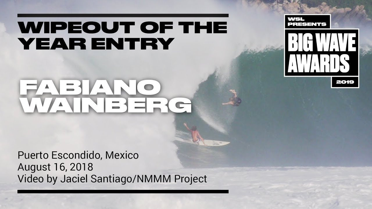 Fabiano Wainberg (Porto Alegre, RS, Brazil) is seen in a third angle as he unexpectedly falls from the sky (to the surprise of innocent surfer Maxmiliano Dias) at Zicatela Beach, Puerto Escondido, Mexico on August 6, 2018. Video angle 3 by Jaciel Santiago/NNNM Project. An entry in the Wipeout of the Year Award category of the 2019 WSL Big Wave Awards. For more information see www.WorldSurfLeague.com/bigwaveawards