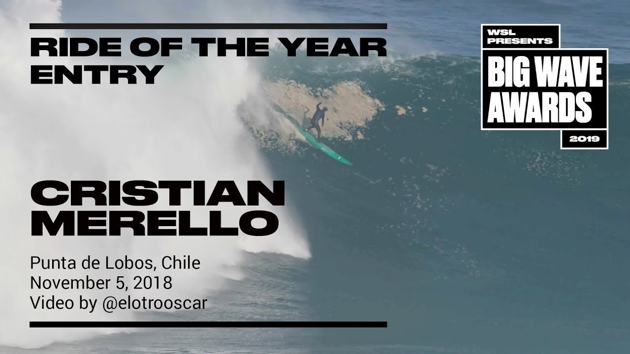 Cristian Merello (Pichilemu, Chile) does battle with a big wall of South American juice, emerging ahead of the whitewater past the big rock Moro at Punta de Lobos, Chile on November 5, 2018. Video by @elotrooscar. An entry in the Ride of the Year Award category of the 2019 WSL Big Wave Awards. For more information see An entry in the Ride of the Year Award category of the 2019 WSL Big Wave Awards. For more information see www.WorldSurfLeague.com/bigwaveawards