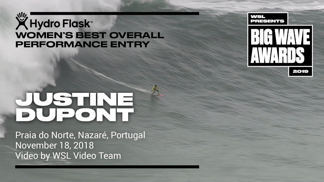 Justine Dupont (Seignosse, France) whips in a top velocity, hops over a wake and pulls it off at Praia do Norte, Nazaré, Portugal on November 18, 2019. Video by WSL Video Team. An entry in the Hydro Flask Women's Overall Performance category of the 2019 WSL Big Wave Awards. For more information see www.WorldSurfLeague.com/bigwaveawards