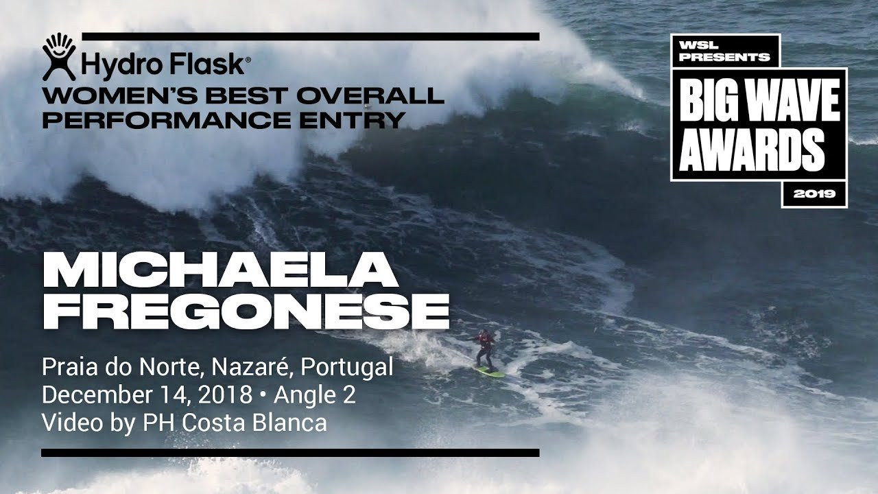 Micheala Fregonese (Rio de Janeiro, Brazil) is seen in second land angle as she tows in and tracks along a big left at Praia do Norte, Nazaré, Portugal on December 14, 2018. Video by PH Costa Blanca. An entry in the Hydro Flask Women's Overall Performance category of the 2019 WSL Big Wave Awards. For more information see www.WorldSurfLeague.com/bigwaveawards