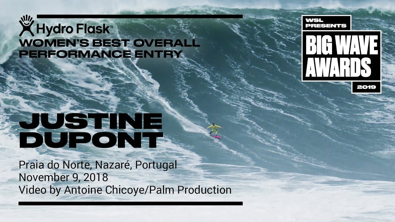 Justine Dupont (Seignosse, France) whips in and executes a precise high-speed carve across the face of a solid wall at Praia do Norte, Nazaré, Portugal on November 9, 2019. Video by Antoine Chicoye. An entry in the Hydro Flask Women's Overall Performance category of the 2019 WSL Big Wave Awards. For more information see www.WorldSurfLeague.com/bigwaveawards