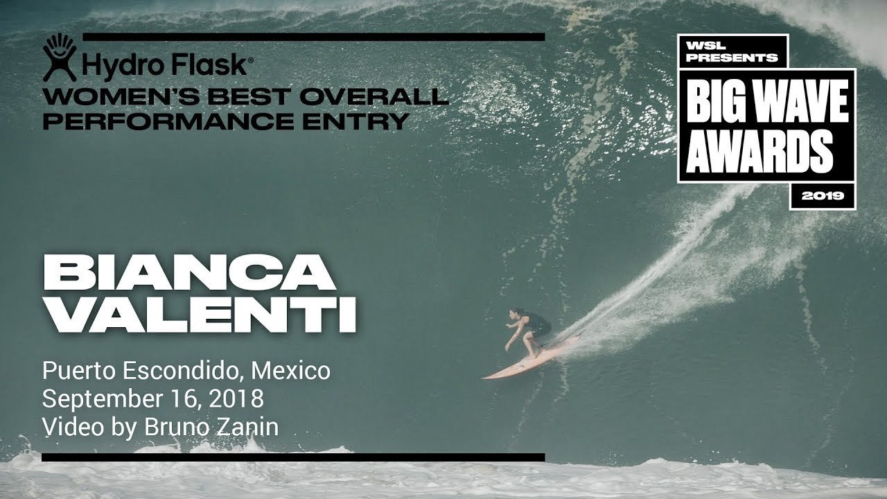Bianca Valenti (San Francisco, California, USA) smoothly navigates a late drop and a moment in the pocket or a solid right at Zicatela Beach, Puerto Escondido, Mexico on September 17, 2018. Video by Bruno Zanin. An entry in the Hydro Flask Women's Overall Performance category of the 2019 WSL Big Wave Awards. For more information see www.WorldSurfLeague.com/bigwaveawards