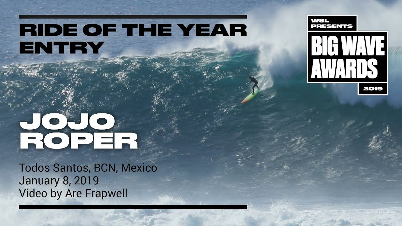 Jojo Roper (San Diego, Cailfornia, USA) paddles into a big, bumpy wall and rides it like a cowboy at Todos Santos, BCN, Mexico on January 8, 2019. Video by Are Frapwell. An entry in the Ride of the Year Award category of the 2019 WSL Big Wave Awards. For more information see An entry in the Ride of the Year Award category of the 2019 WSL Big Wave Awards. For more information see www.WorldSurfLeague.com/bigwaveawards