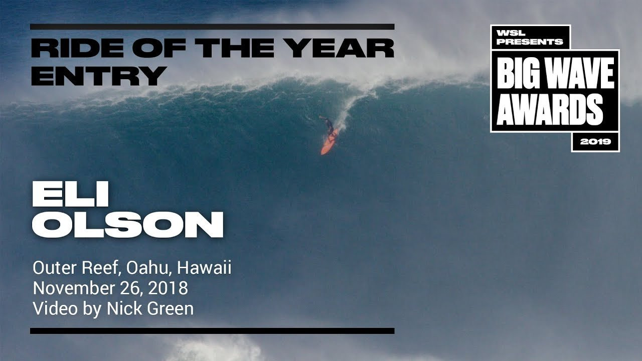 Eli Olson (Haleiwa, Hawaii, USA) paddles races an extraordinarily tall and long righthand bomb at an Outer Reef on Oahu, Hawaii. Video by Nick Green. An entry in the Ride of the Year Award category of the 2019 WSL Big Wave Awards. For more information see An entry in the Ride of the Year Award category of the 2019 WSL Big Wave Awards. For more information see www.WorldSurfLeague.com/bigwaveawards
