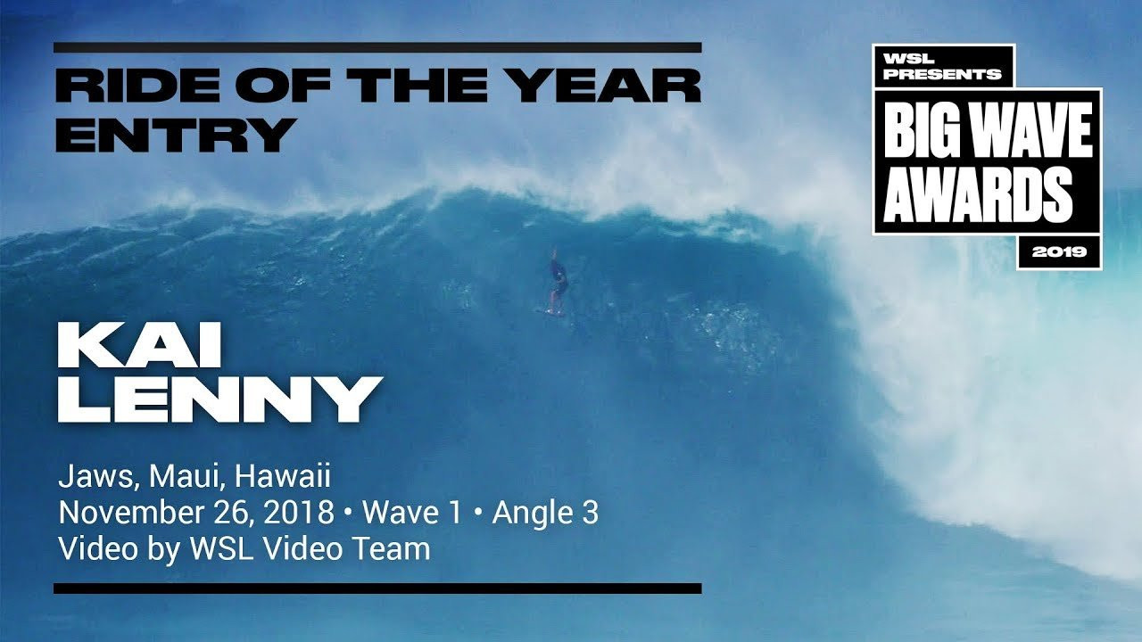 Kai Lenny (Paia, Hawaii, USA) is seen in a tighter view as he tows into a windy bomb and calmly gets world-record air at Jaws, Maui, Hawaii on November 27, 2018. Wave 1, Angle 3. Video by the WSL Video Team. An entry in the Ride of the Year Award category of the 2019 WSL Big Wave Awards. For more information see www.WorldSurfLeague.com/bigwaveawards