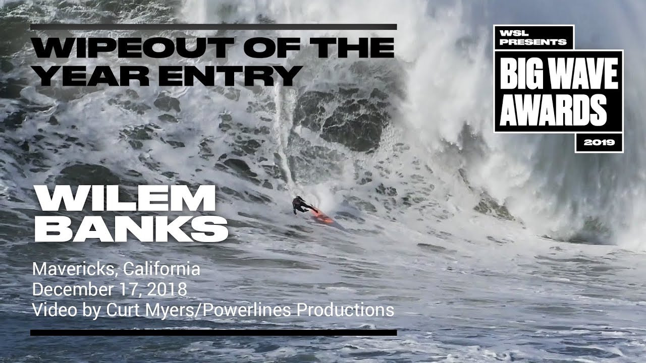 Wilem Banks (Santa Cruz, California, USA) gets air on a frothy bomb, recovers handily but tips over at the bottom and takes a beating at Mavericks, California on December 17, 2018. Video by Curt Myers. An entry in the Wipeout of the Year Award category of the 2019 WSL Big Wave Awards. For more information see www.WorldSurfLeague.com/bigwaveawards