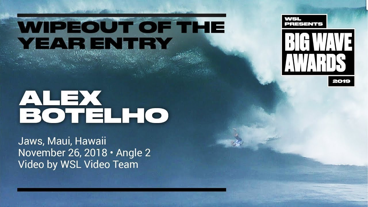 Alex Botelho (Lagos, Portugal) is seen in a second angle as he paddles into a huge right but unfortunately topples off at the bottom and faces the wrath of the Pacific Ocean at the Jaws Challenge at Pe'ahi, Maui, Hawaii on November 26, 2018. Angle 2. Video by the WSL Video Team. An entry in the Wipeout of the Year Award category of the 2019 WSL Big Wave Awards. For more information see www.WorldSurfLeague.com/bigwaveawards