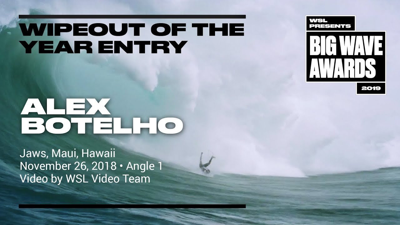 Alex Botelho (Lagos, Portugal) paddles into a huge right but topples off at the bottom and faces the wrath of the Pacific Ocean at the Jaws Challenge at Pe'ahi, Maui, Hawaii on November 26, 2018. Angle 1. Helicopter video by the WSL Video Team. An entry in the Wipeout of the Year Award category of the 2019 WSL Big Wave Awards. For more information see www.WorldSurfLeague.com/bigwaveawards